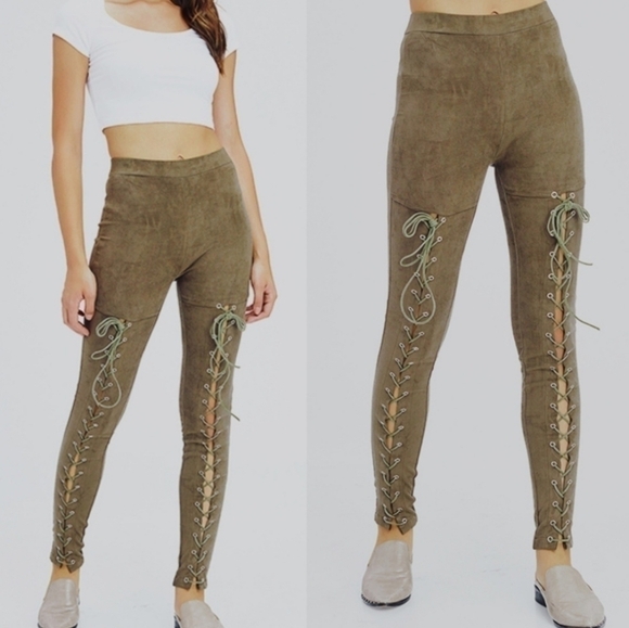 Olive LACE UP  SKINNIES - Picture 1 of 2